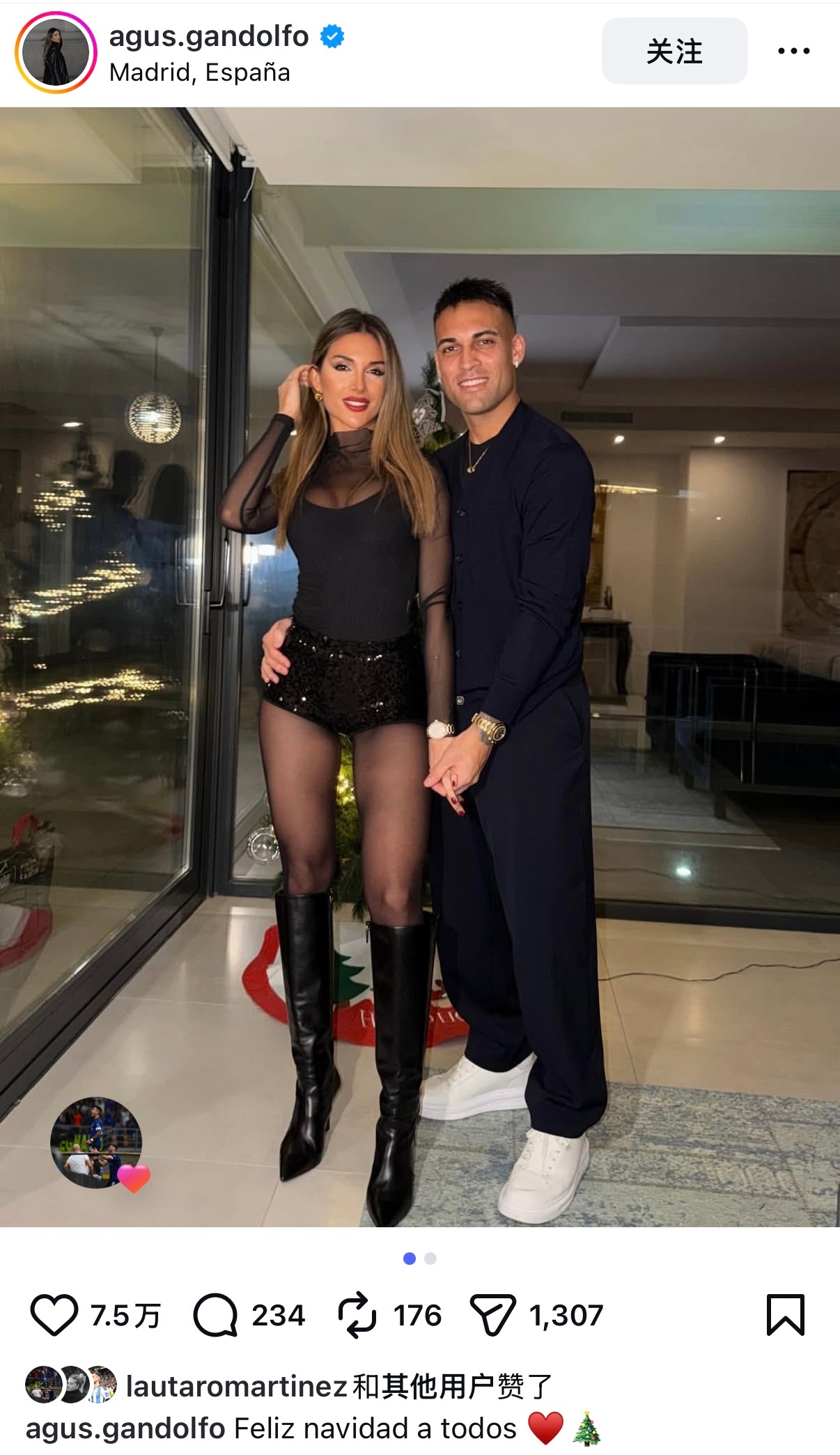 劳塔罗妻子奥古斯蒂娜·甘多尔弗ins｜祝大家圣诞快乐♥️🎄阿根廷球迷俱乐部