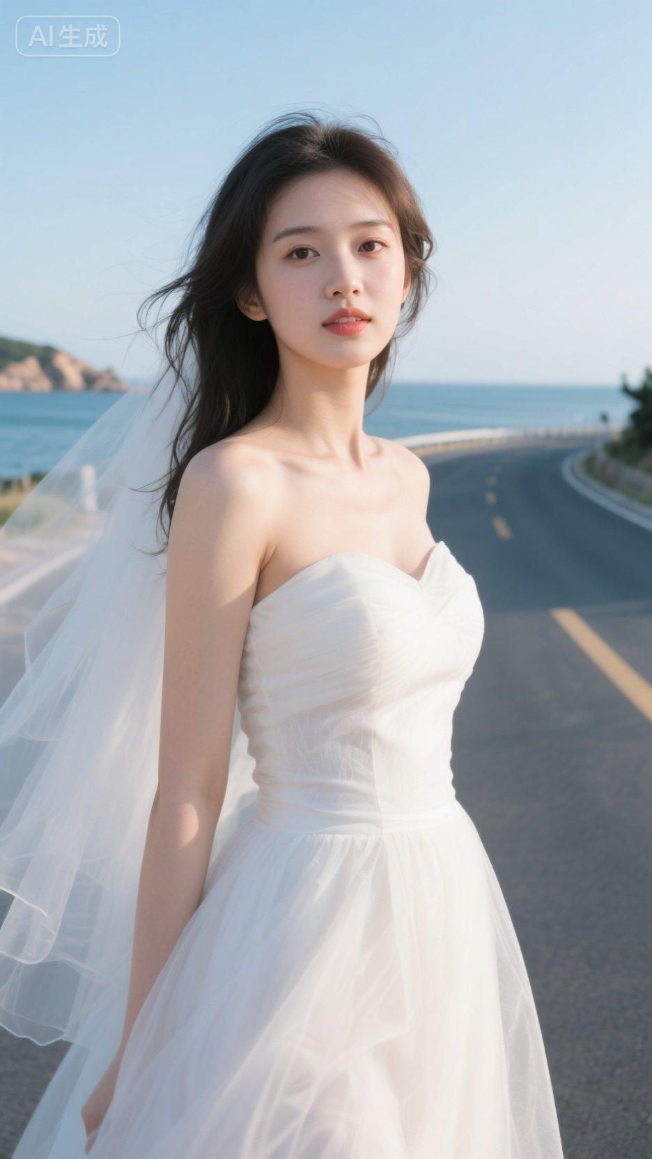 海风吹拂，白裙飘飘。