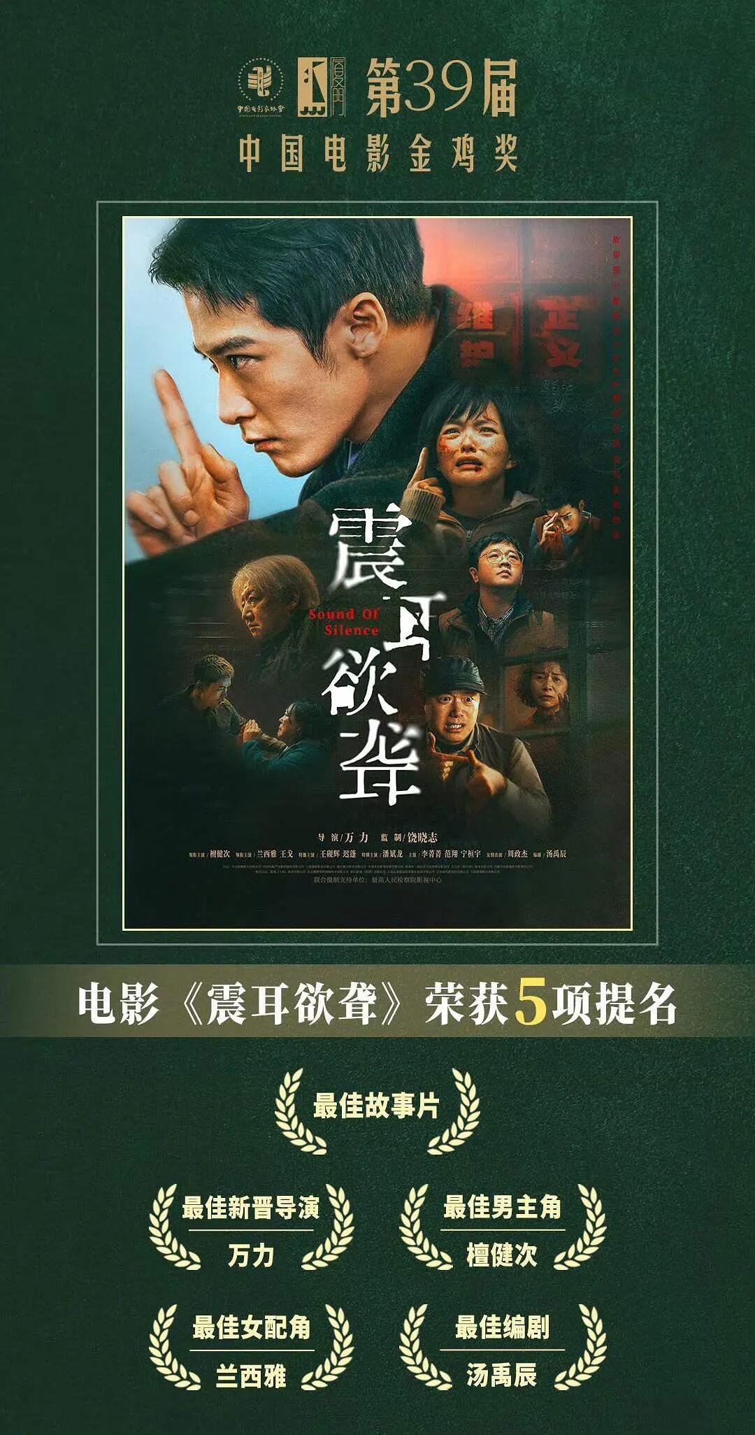 恭喜檀健次提名最佳男主角，《震耳欲聋》横扫金鸡奖五项奖项提名，这部电影算是冷门题