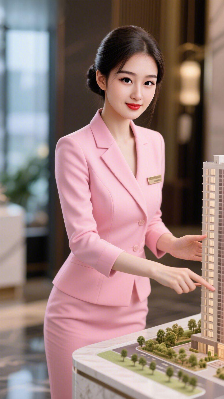 《粉西装里的得体暖意》
 
暖光轻笼的展厅中，她身上的粉西装像揉软的春日绯云，将