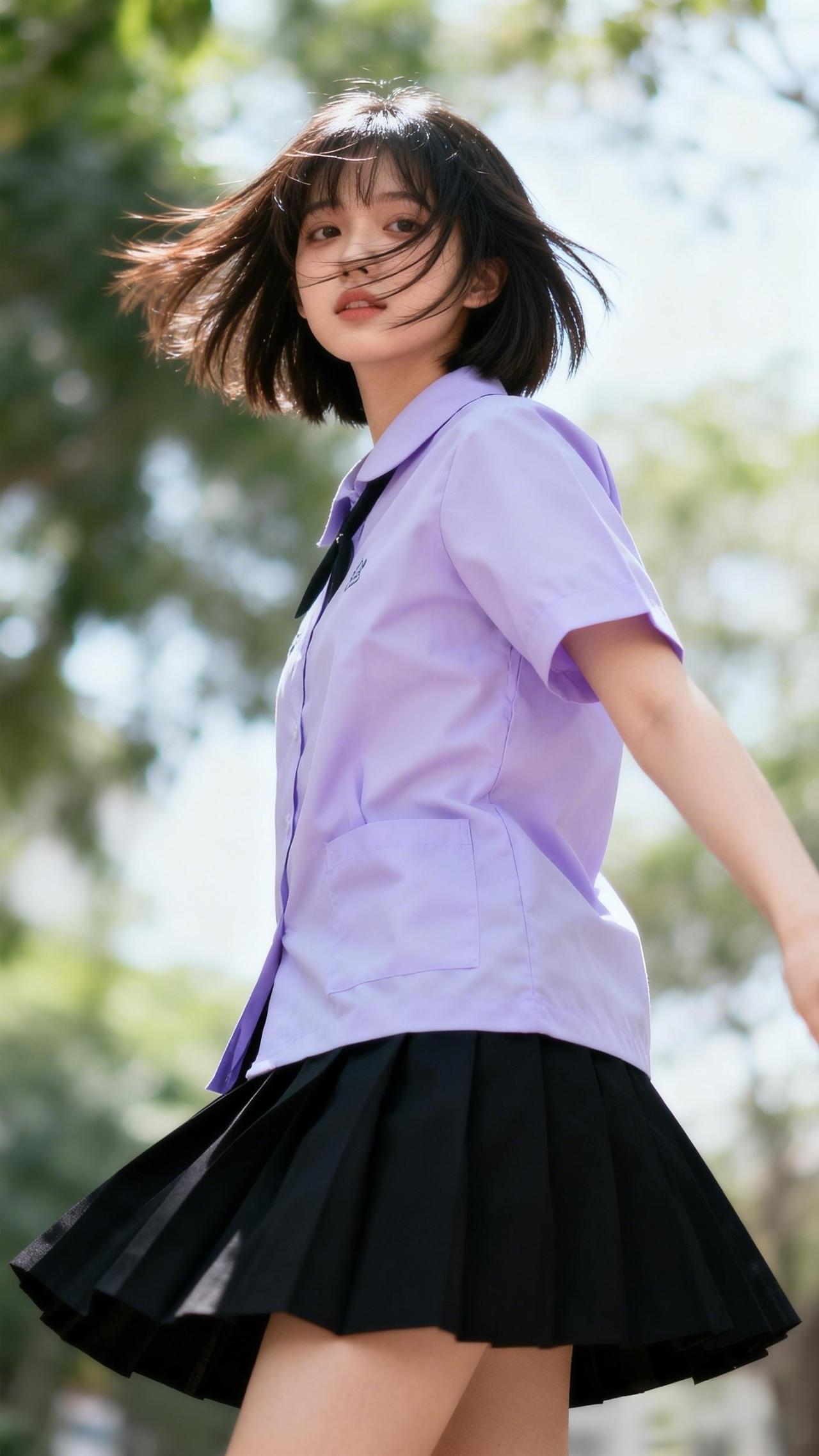 青春洋溢的校园风，紫色衬衫搭配黑色百褶裙，阳光下的少女，活力满满！🌞👸‍🎓