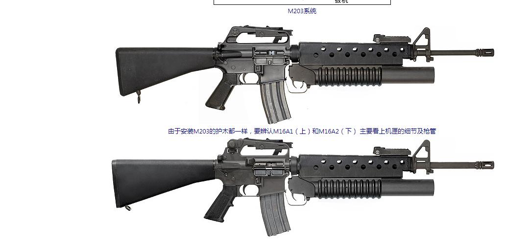 由于安装M203的护木都一样，要辨认M16A1（上）和M16A2（下） 主要看上