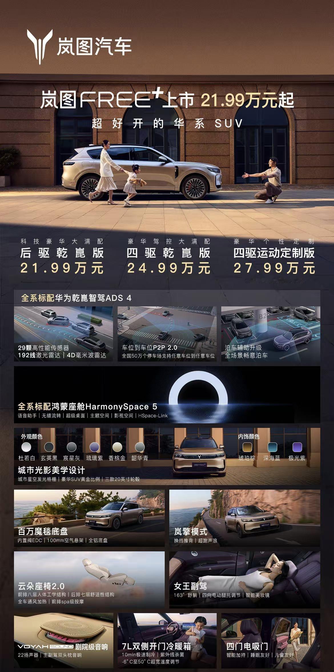 岚图Free+，后驱乾崑21.99万，四驱乾崑24.99万，四季度才开始交付的四