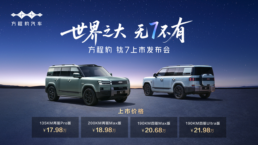 惊喜价格加超多颜色选择，最高价值超3.6万元权益免费送。方程豹钛7全系标配前双叉