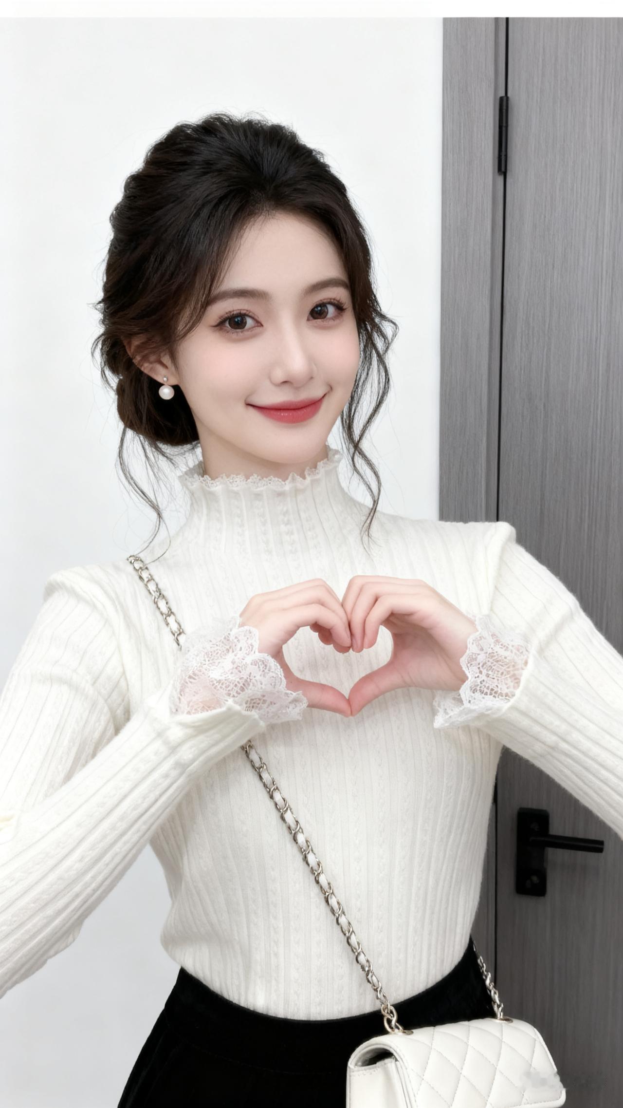 女孩梳自然松散的温婉千金盘发，冷白皮衬精致妆容，大眼睛带浅笑望镜头。原白针织上衣