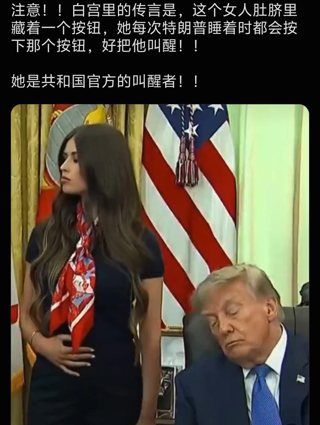 白宫传言，特朗普有个叫醒者。
白宫里的传言：这个女人肚脐里藏着一个按钮，她每次特