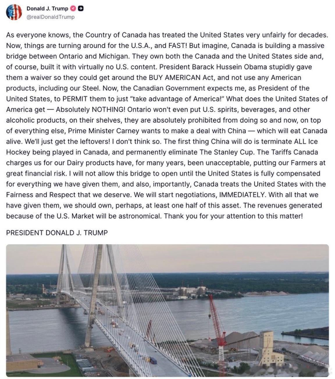 【黄金时代】川普宣布，不会允许加拿大拥有美国一侧的美加桥梁所有权川普：众所周知，