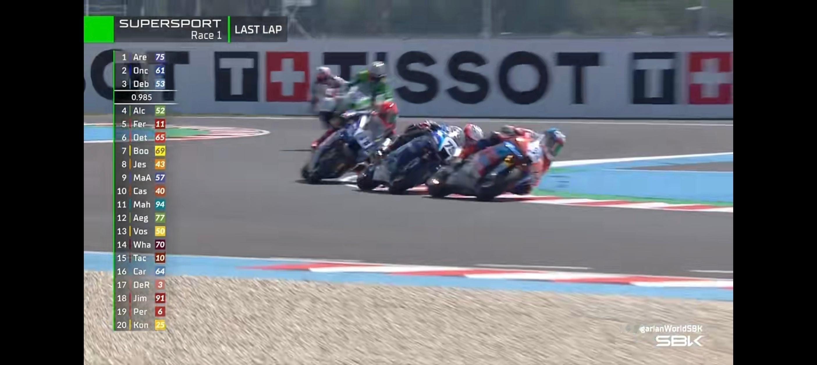 wsbk匈牙利站 处于第一位的加西亚还有四圈的时候由于轮胎极限用得太狠直接摔车，