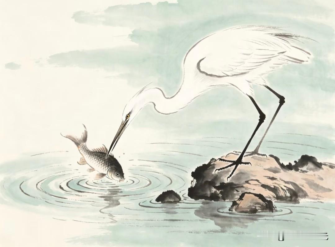 优雅的白鹭捕鱼瞬间，静谧自然之美。
小画拾光水墨写意白鹭插画分享
白鹭小憩 田野