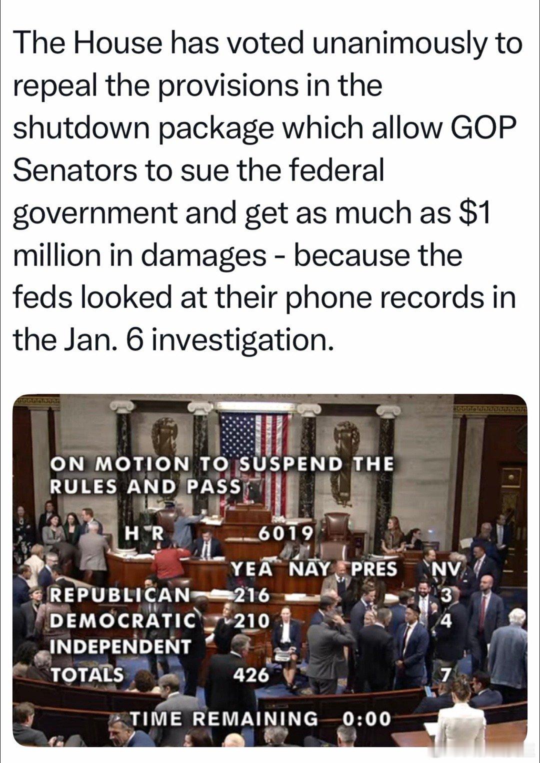 参议院“停止政府关门”的法案，塞进“一月六事件调查中、被审电话记录的参议员，可向