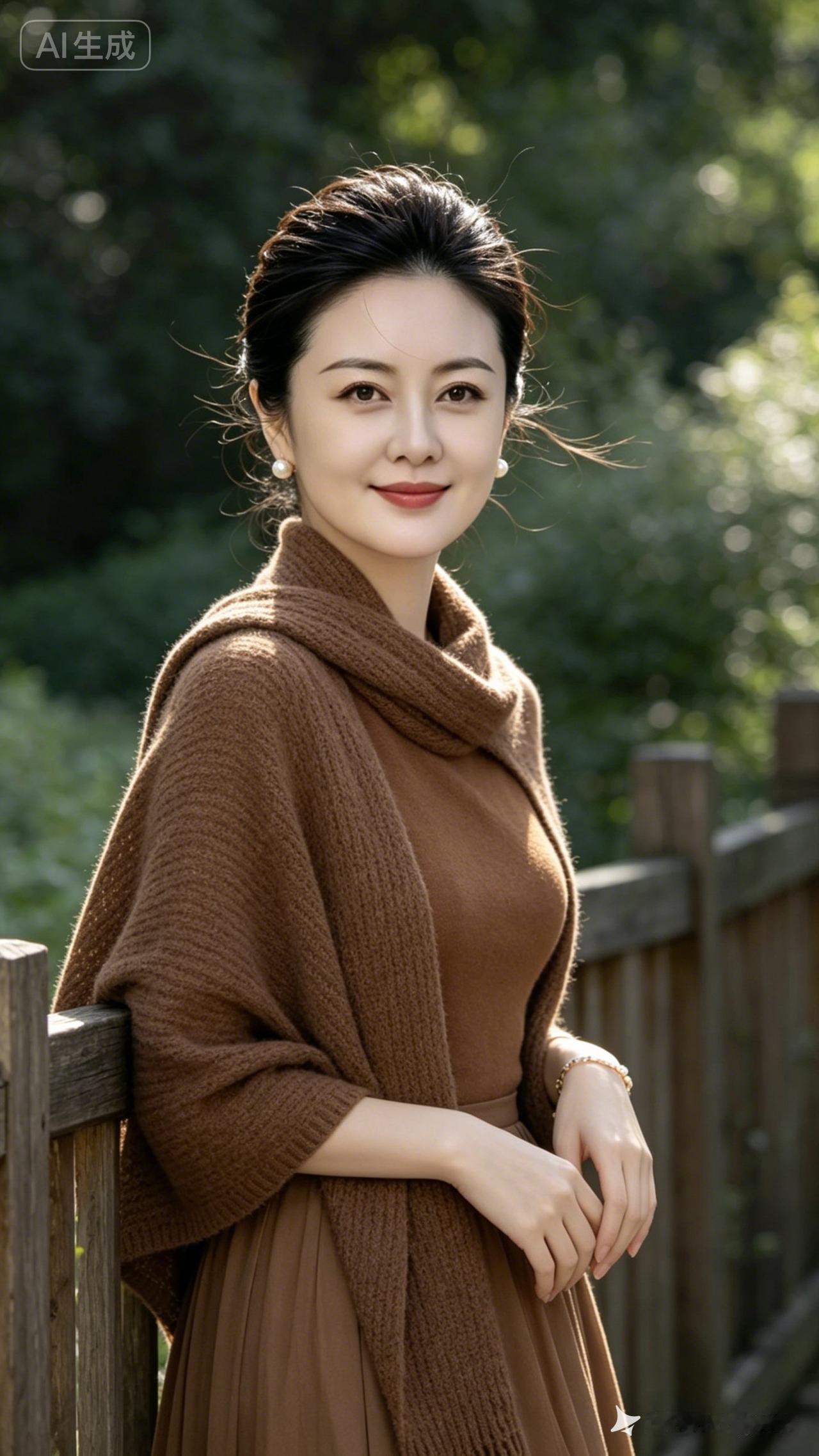 这位女士在木栏旁微笑。