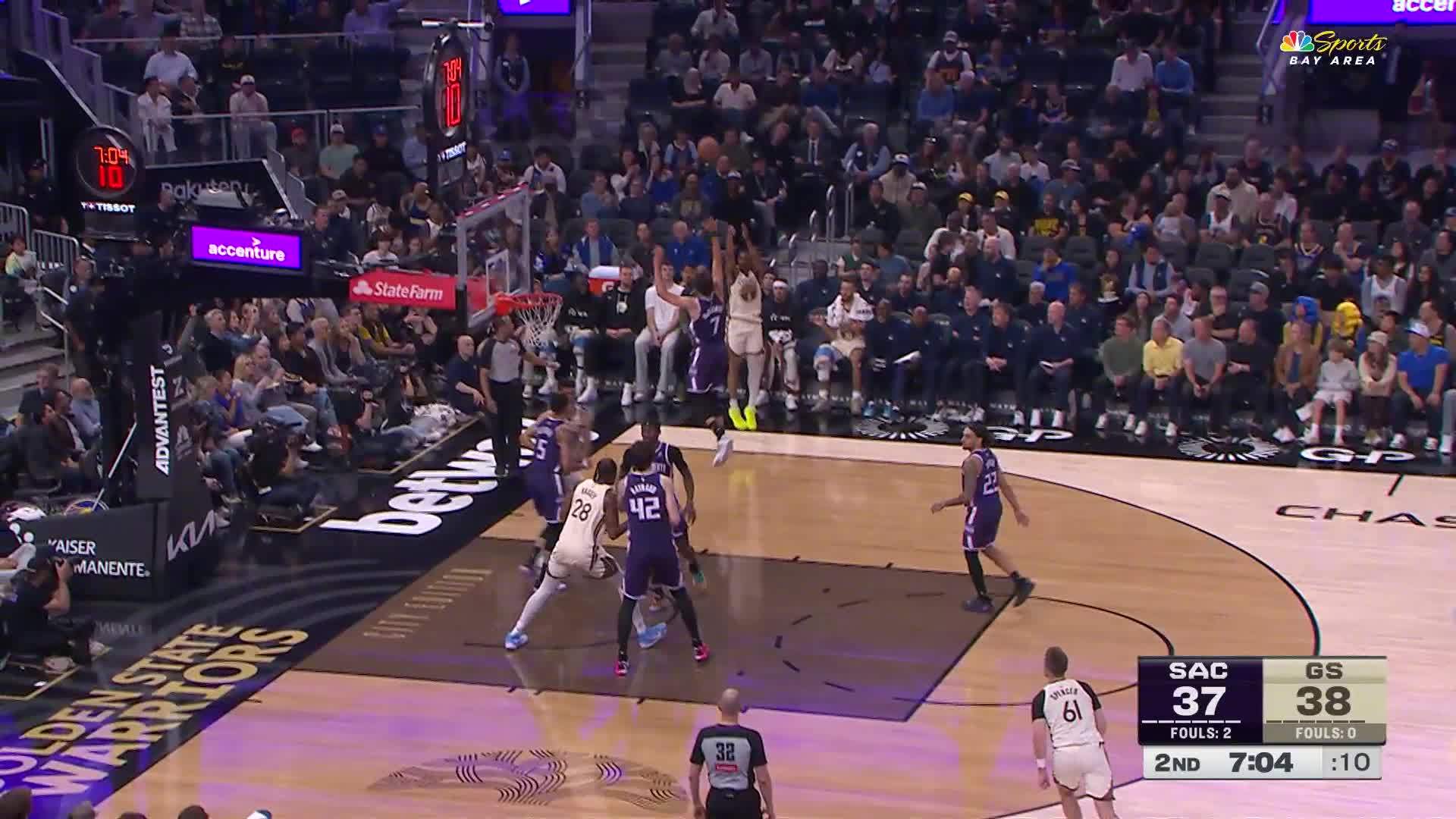 梅尔顿连进两个三分，打停对手！！勇士44:37国王。国王vs勇士