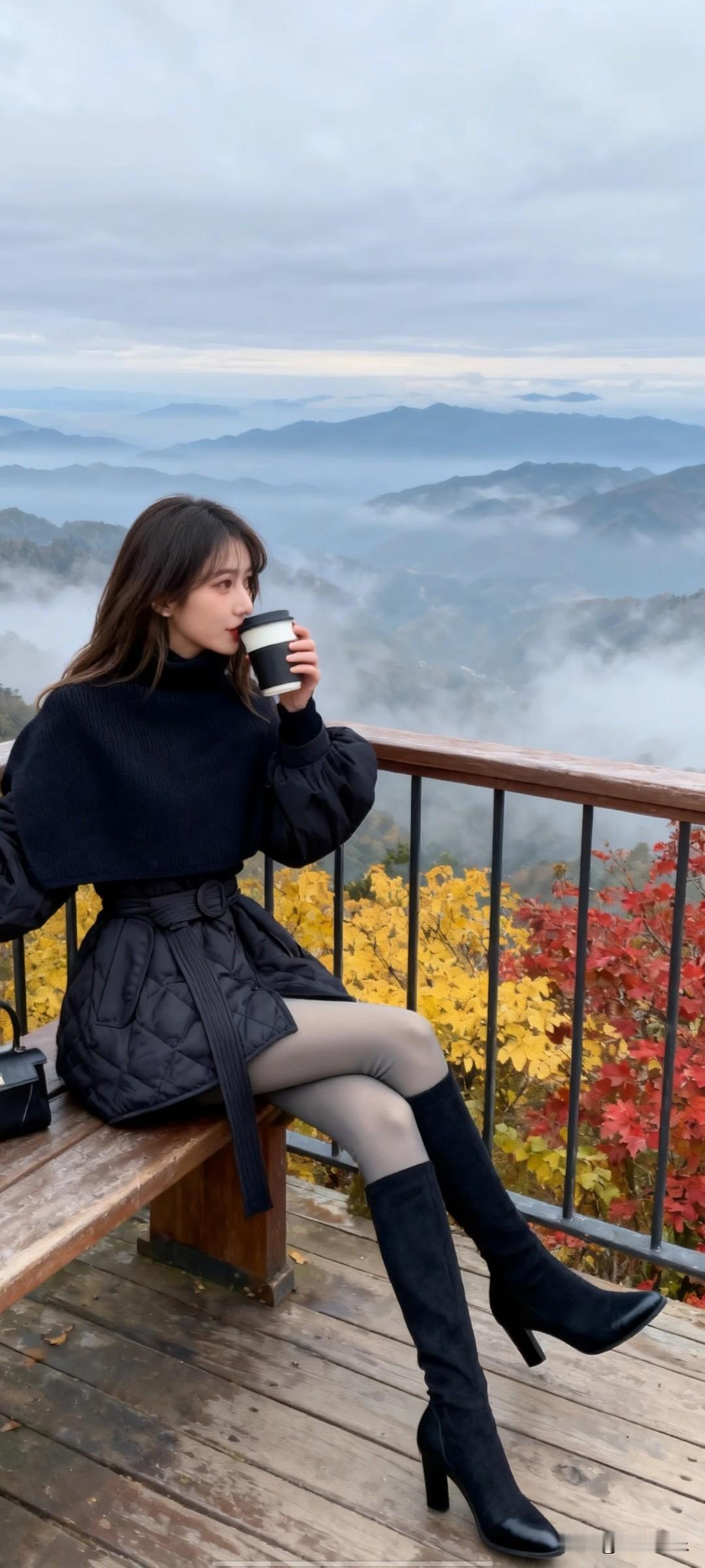 秋日暖阳下，一杯咖啡，看尽山间秋色