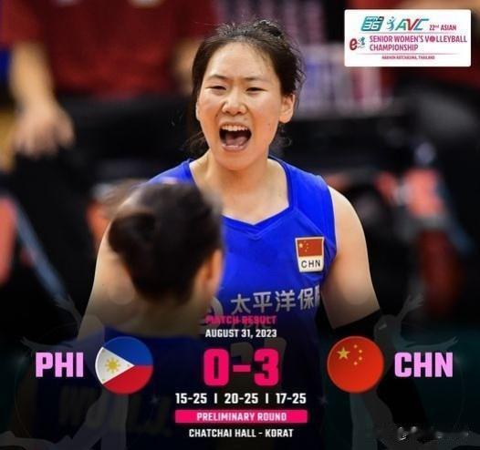 【女排亚锦赛中国女排3-0菲律宾取得两连胜！】
8月31日泰国呵叻，2023女排