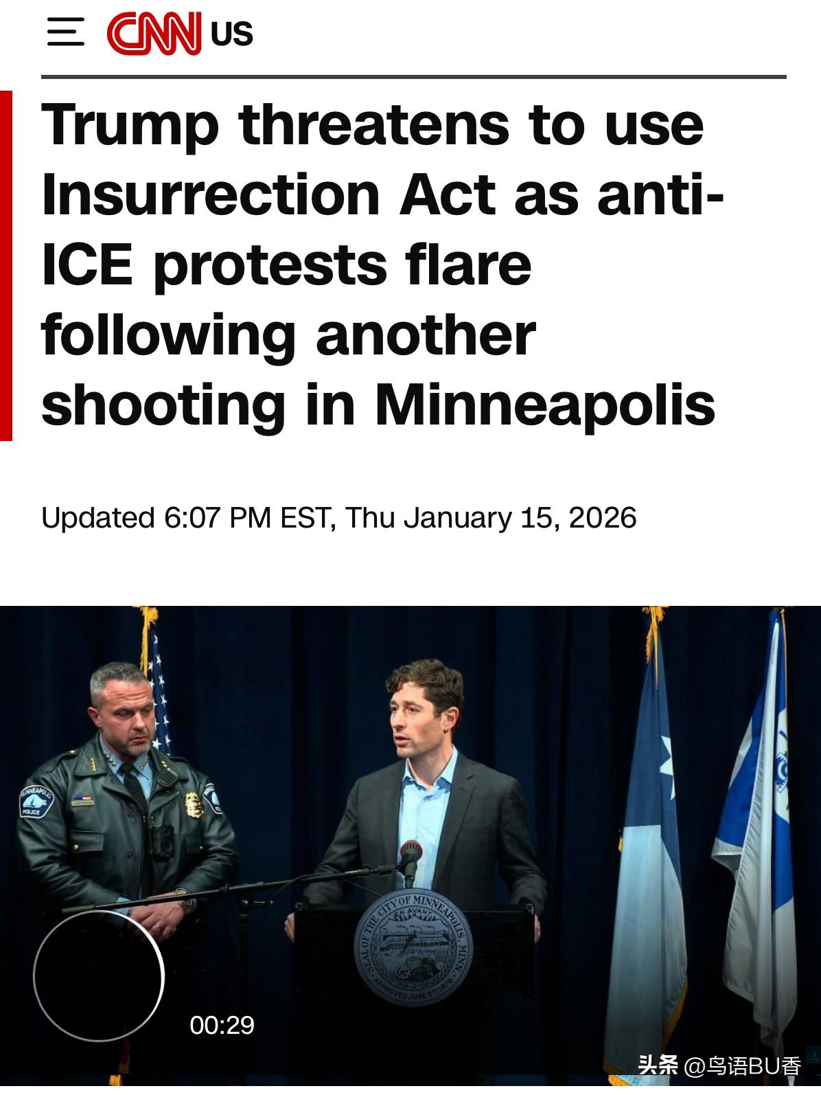 川普是啥招都想使用哦。随着美移民局警察枪杀一位妇女而引发的动荡持续，川普威胁将根