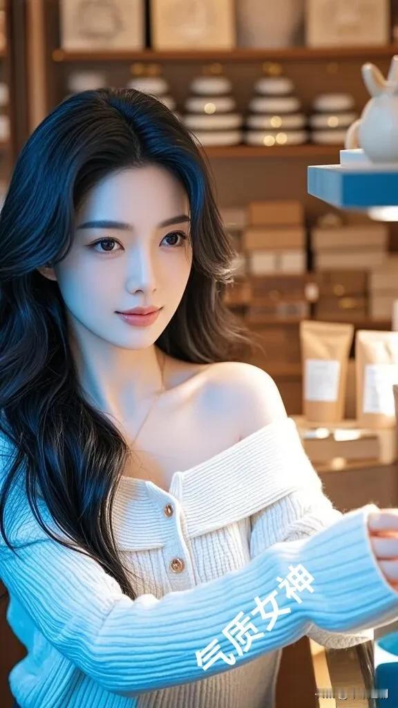 米白露肩针织温柔，长发如瀑缱绻。她是暖光里的气质女神，将慵懒与精致融于一身，在雅