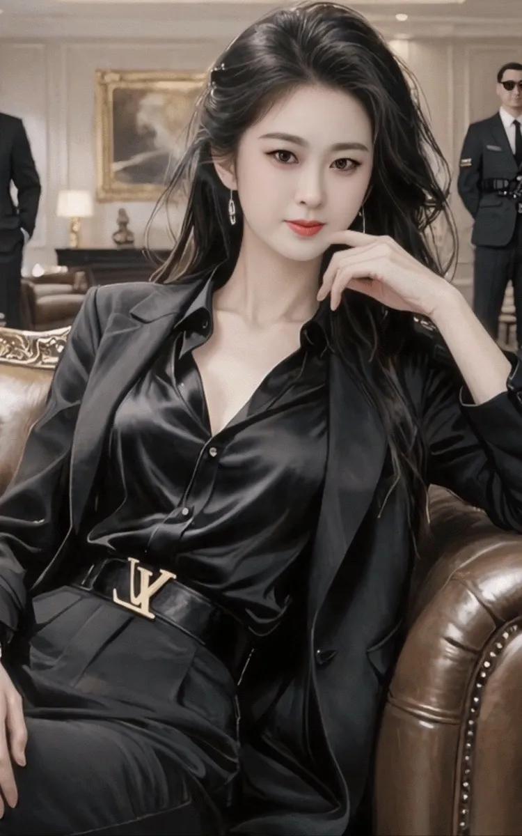 都市女强人风范，黑色丝质套装搭配LV腰带，尽显优雅与自信！