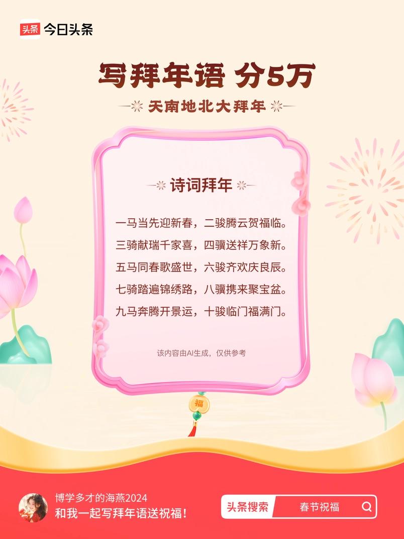 写拜年语送祝福新春拜年送祝福！我的祝福是：“一马当先迎新春，二骏腾云贺福临。三骑
