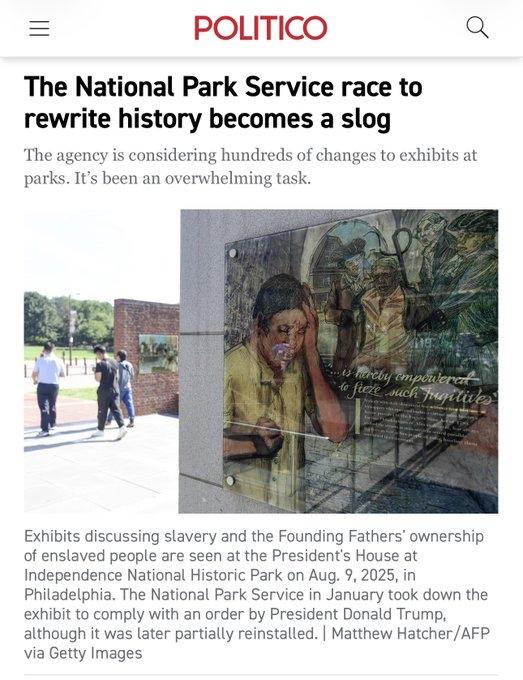 根据特朗普政府的要求，美国国家公园必须修改几百处展览介绍，凡是涉及到黑奴、杀害原
