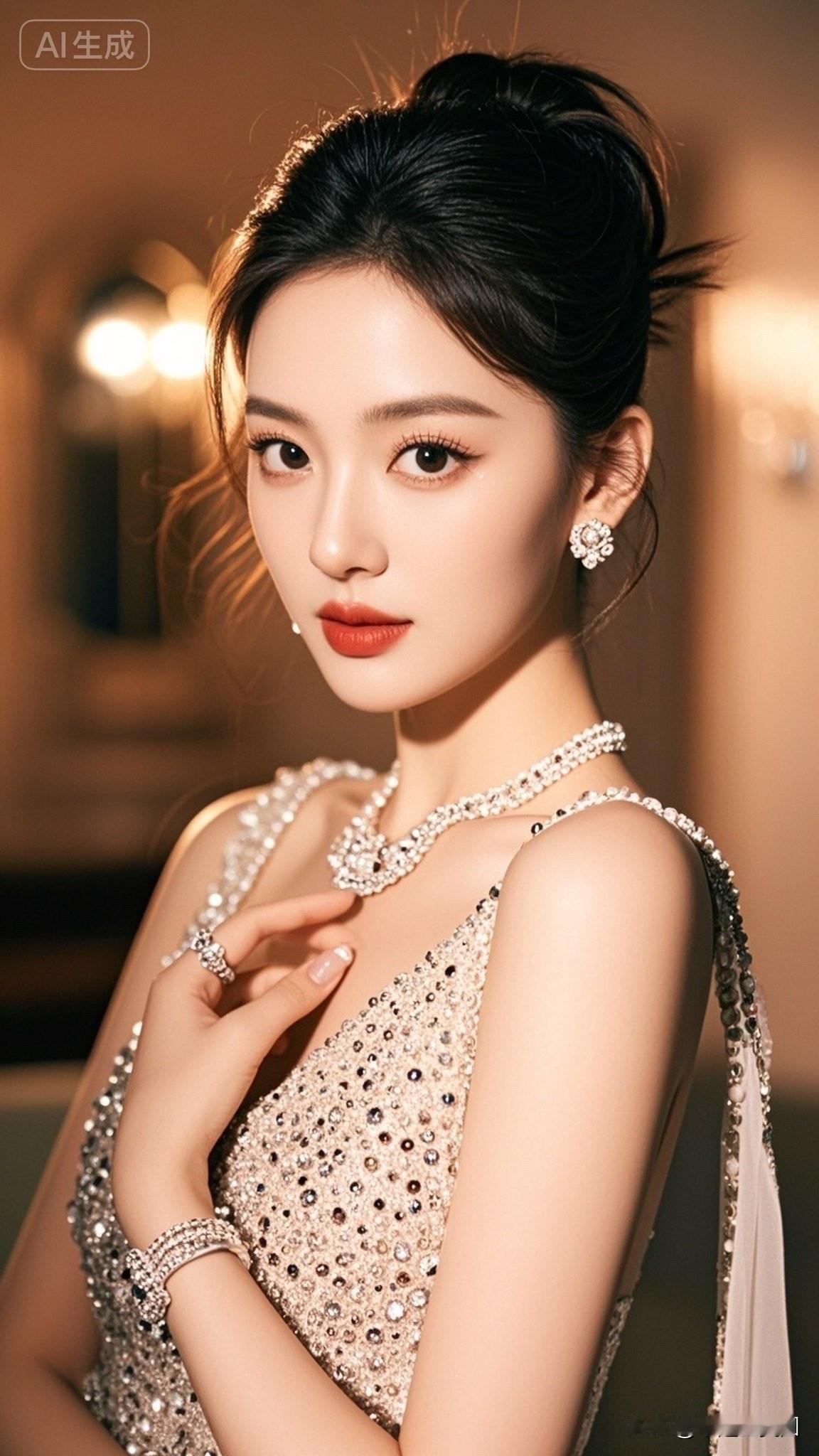 这位美女佩戴着华丽的珠宝，看起来非常迷人。