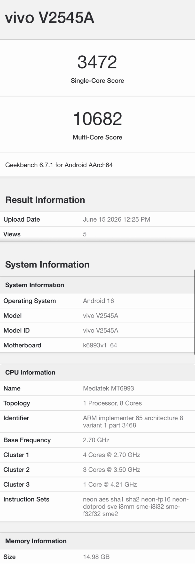 型号为vivo V2545A的新机出现在 Geekbench 跑分平台上，大概率