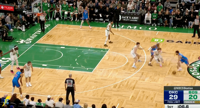 太帅了！首节结束前的最后一共米切尔潇洒背运，单打上篮得手！雷霆vs凯尔特人雷霆