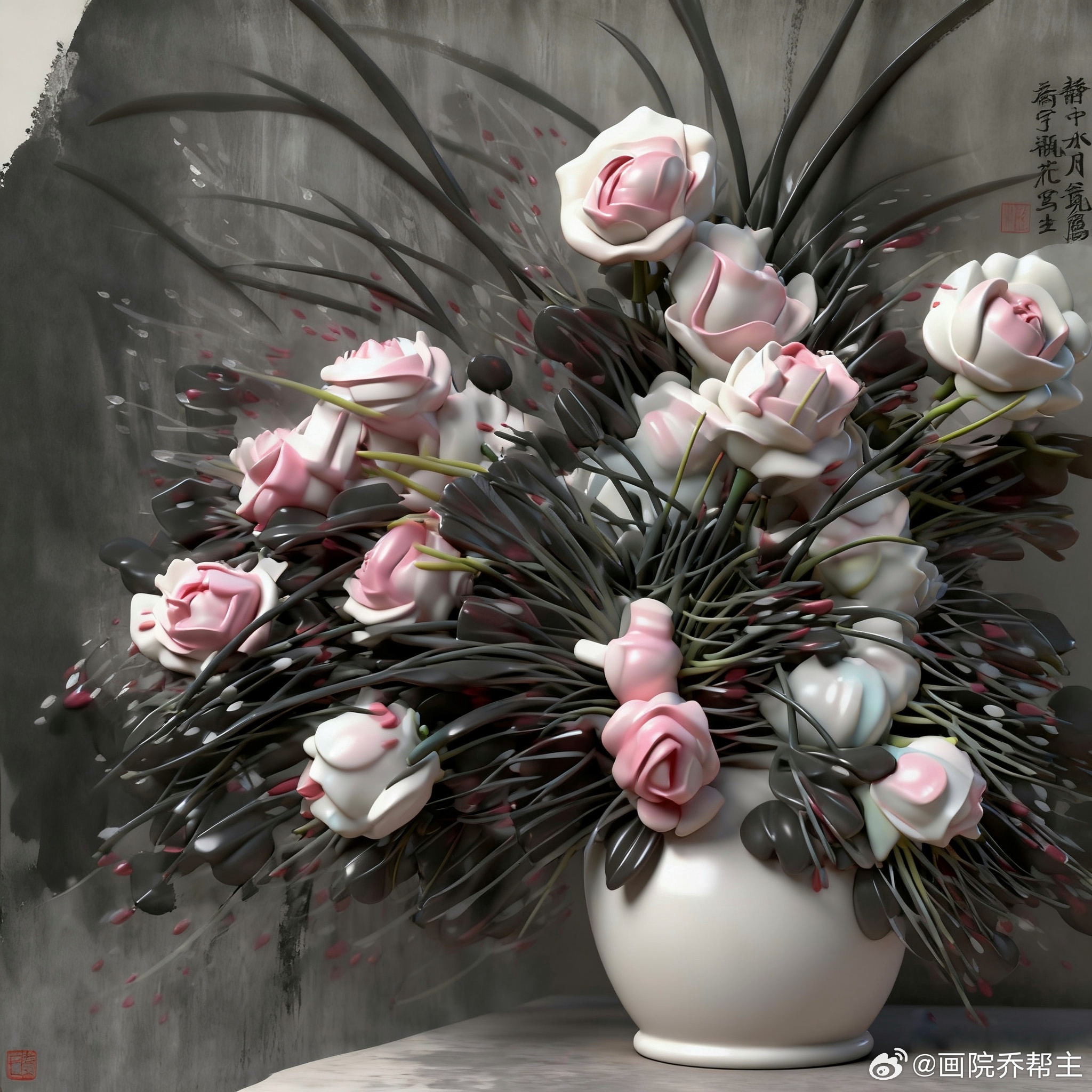 ai一幅写意花卉。篆刻[超话] ​​​