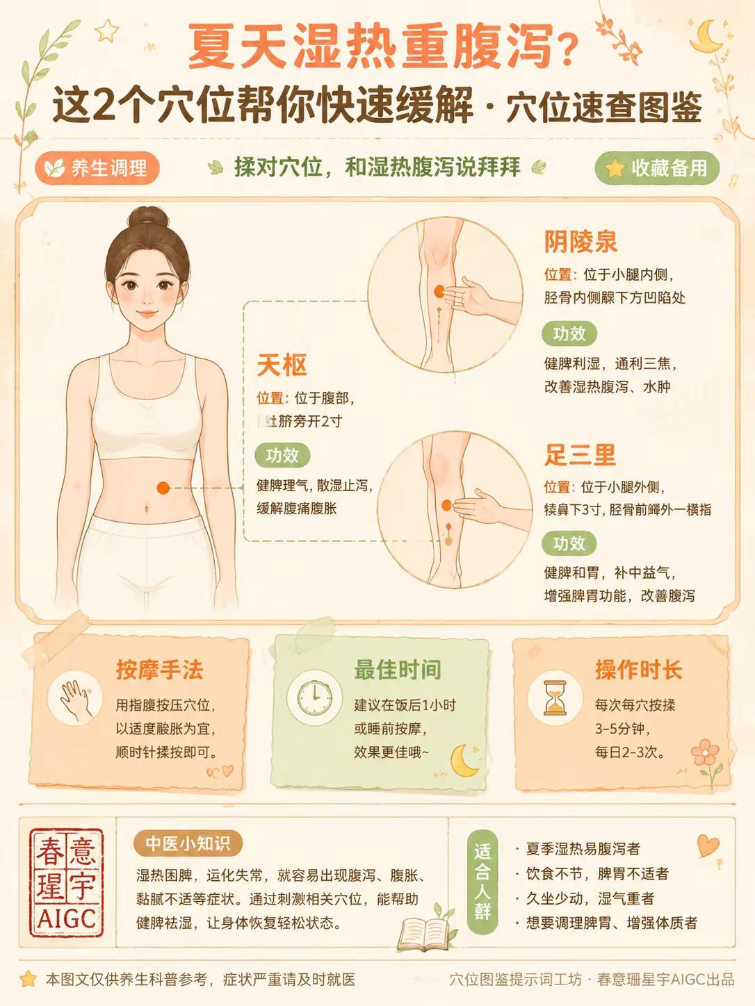 夏天湿热腹泻，别再乱吃药了！。教你这几个止泻健脾穴，管用！① 天枢穴：肚脐旁开三