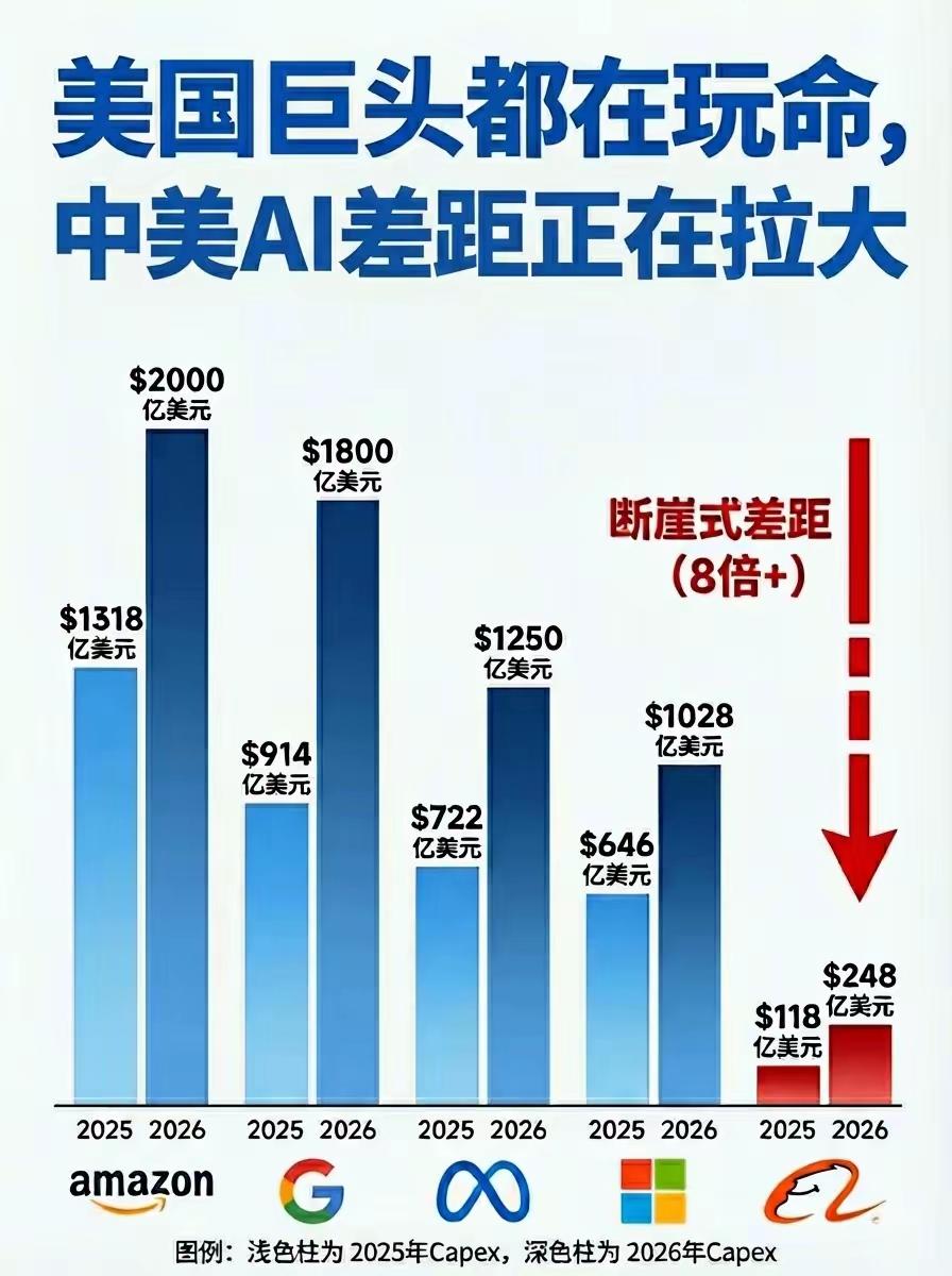 美国的科技巨头都在疯狂砸钱。从财务视角审视中美AI发展，美国的投入达到了中国的四