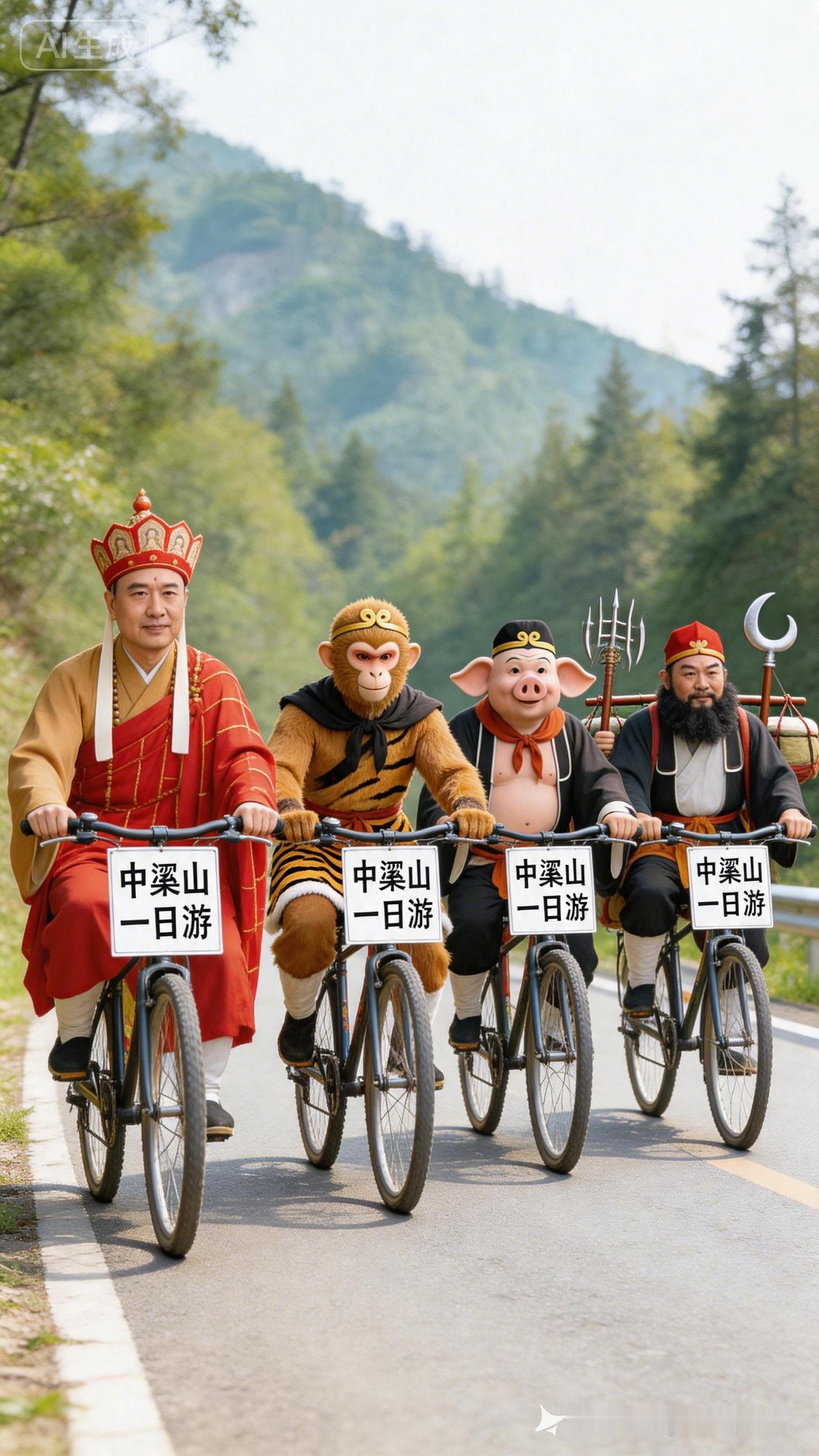 四个角色骑自行车出游，真有趣！