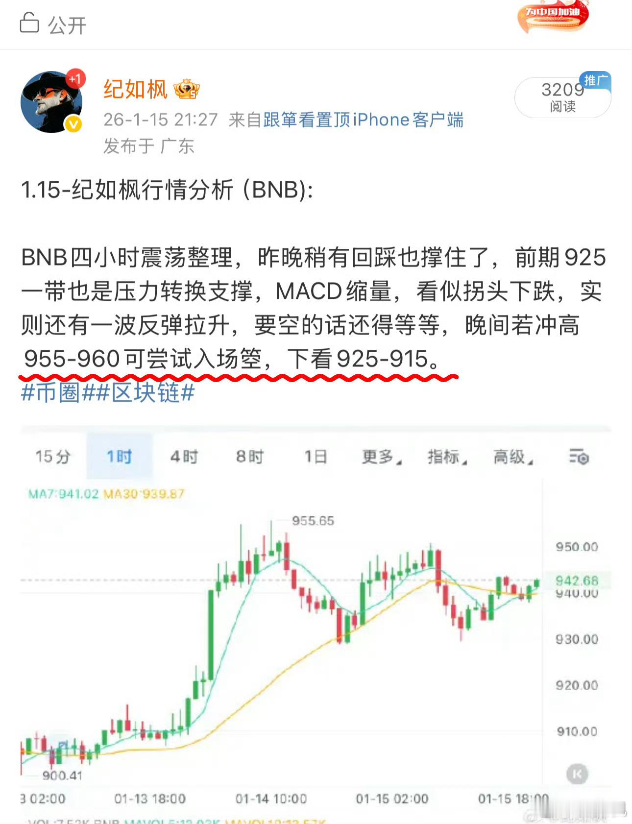 BNB 老纪给的955-960箜，直接干到900了。 