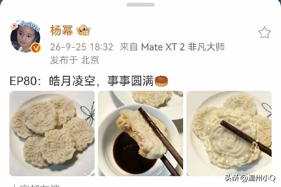 杨幂这个抖机灵，把饺子做成月饼的样子，即避开了不爱吃月饼的事实，也满足了过中秋的