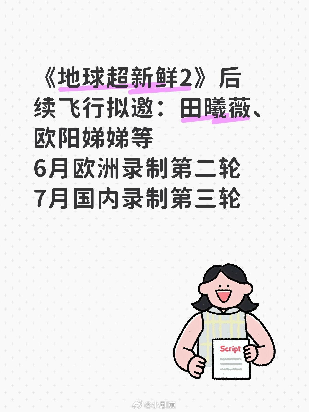 地球超新鲜《地球超新鲜2》后续飞行拟邀：田曦薇、欧阳娣娣等6月欧洲录制第二轮7月