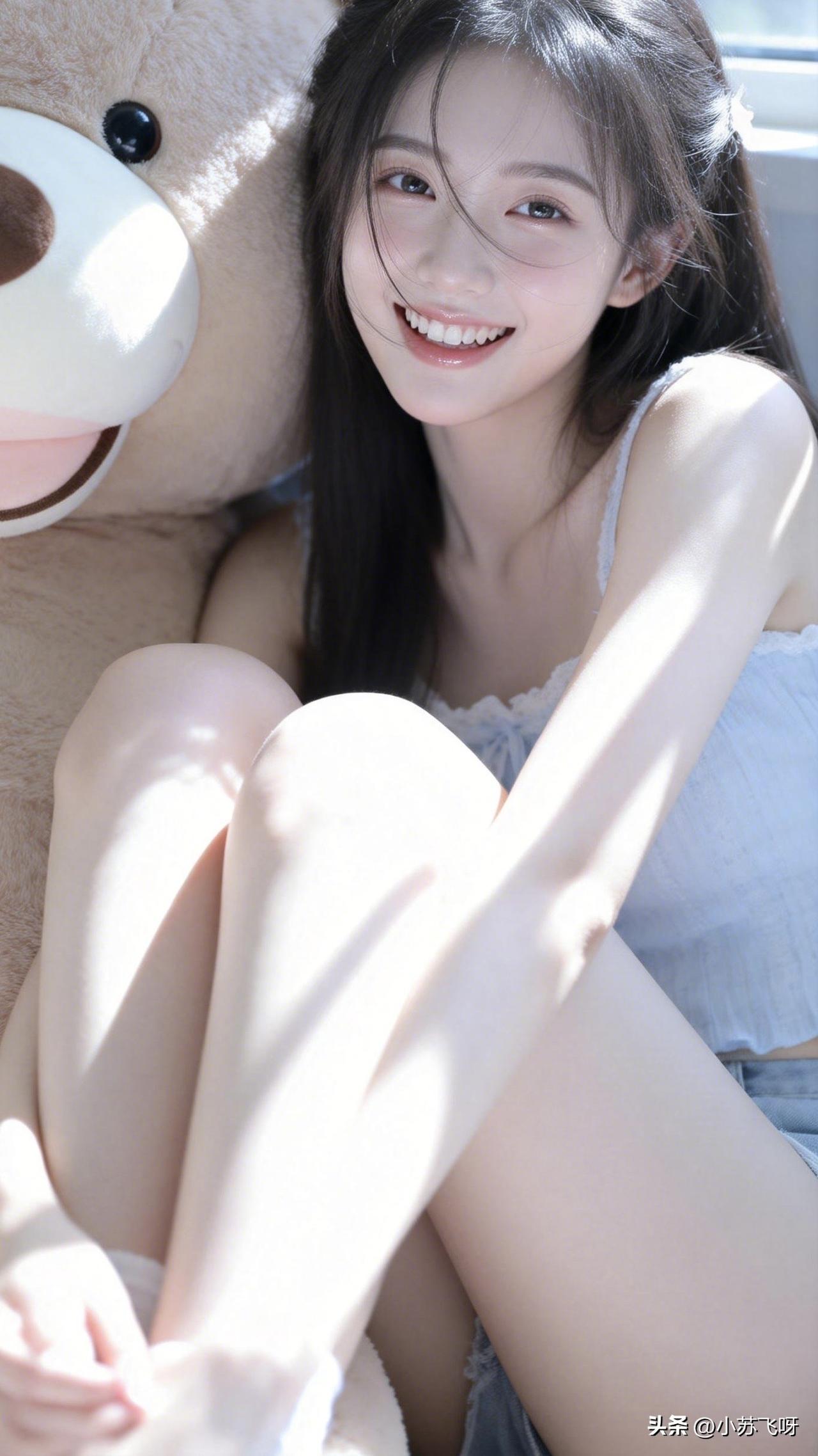 ：浅笑盈盈似蜜甜，双眸翦水映花妍；青丝袅袅随风舞，素袂飘飘若梦仙！
唇绽樱桃含雅