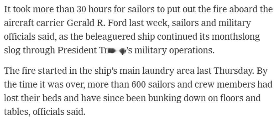 以美袭击伊朗《纽约时报》：据水兵及军方官员透露，上周福特号航母上的火灾耗时超过3