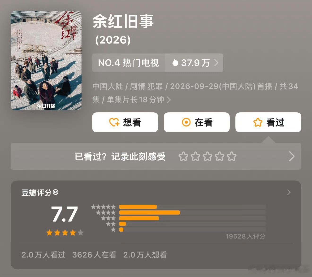 《余红旧事》开分7.7[酷]马伊琍｜王佳佳｜张哲华 ​​​