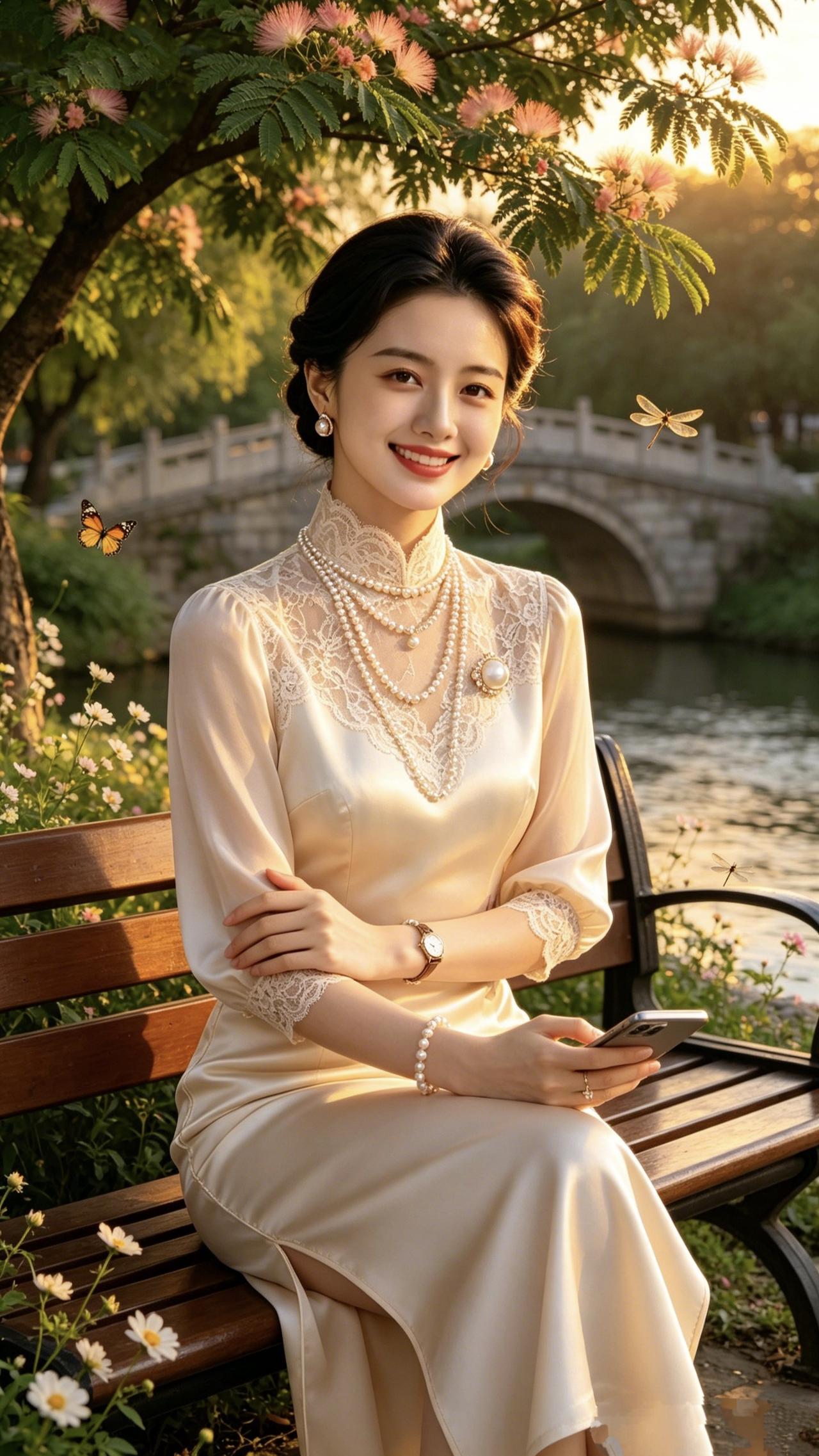 《暮岸芳影》
 
落日衔光，漫染河畔。
合欢垂秀，柔影轻扬。
石桥静卧流水之畔，