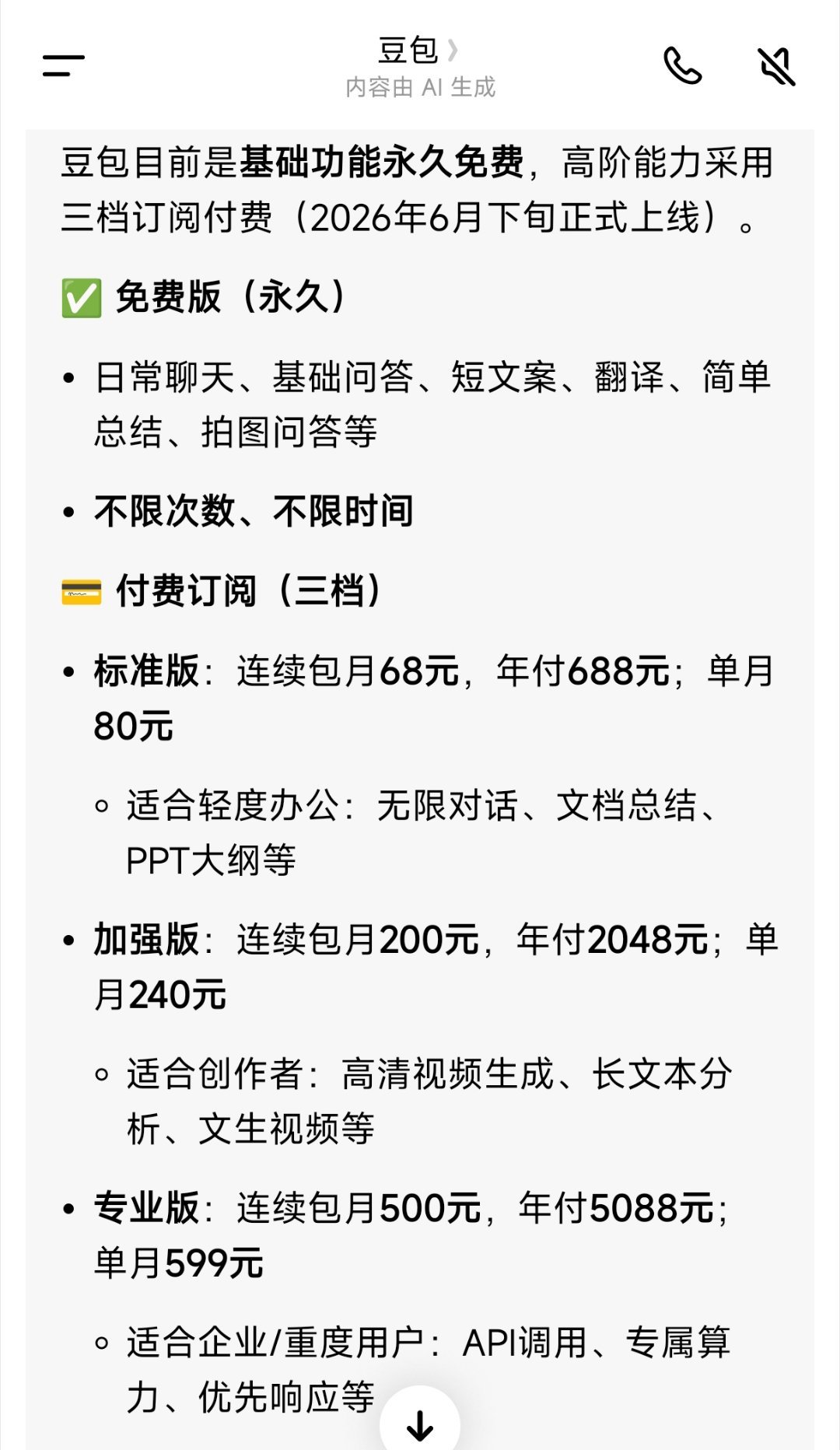 豆包将正式付费改来的总是要来的，幸好不怎么用豆包6月1日，据36氪报道，豆包预计