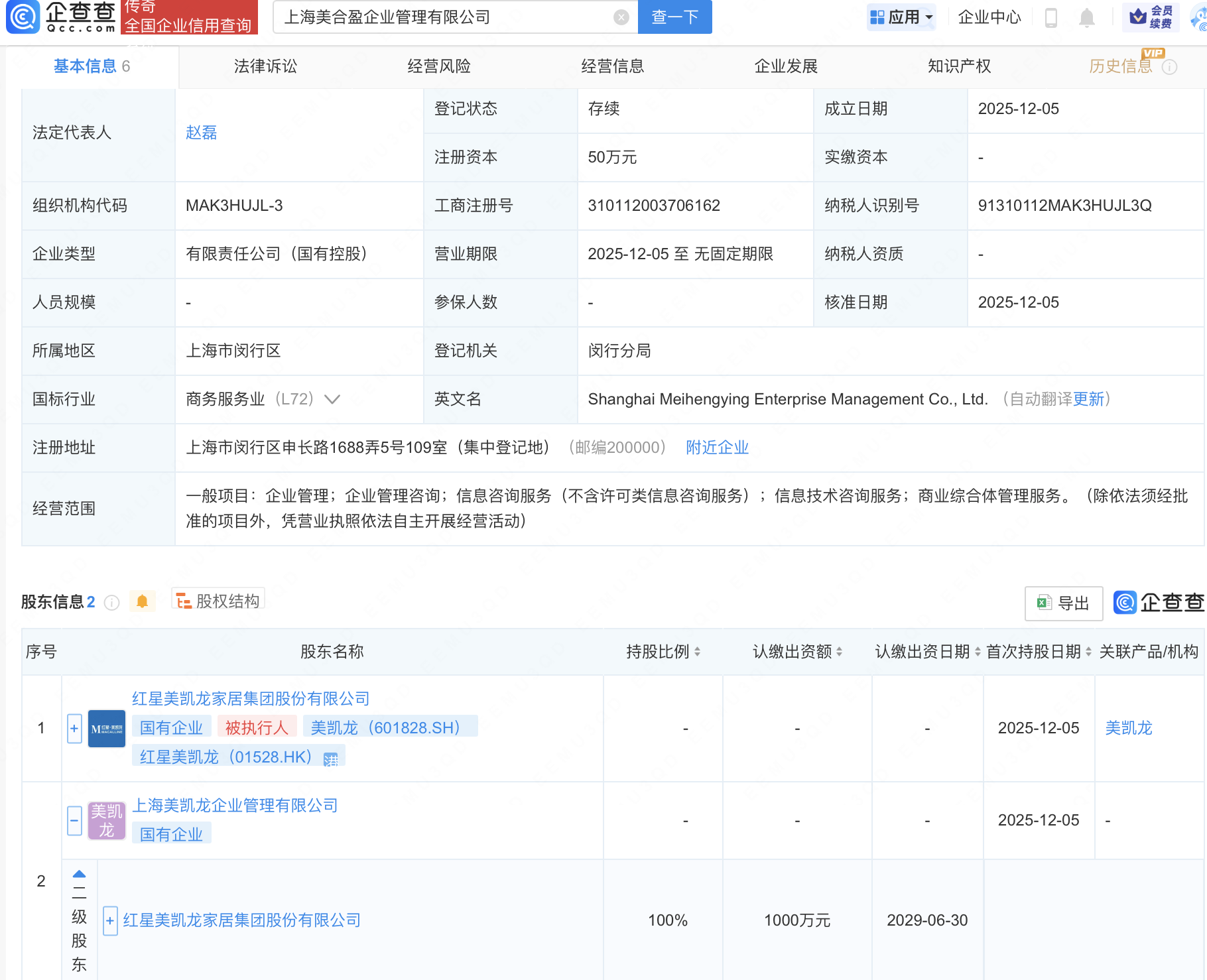 美凯龙在上海成立美合盈企业管理公司