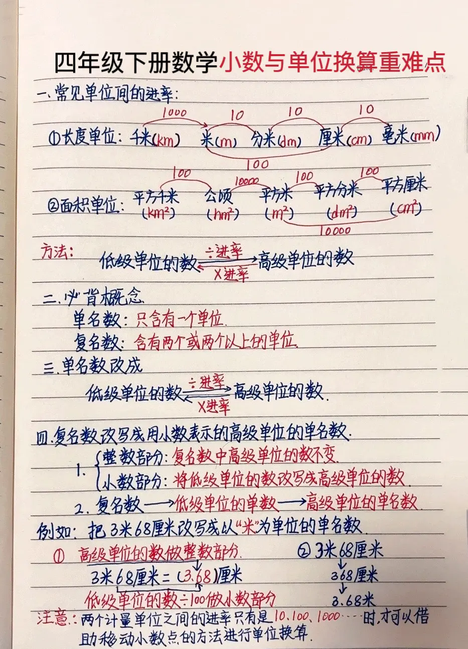 下册第四单元难点，小数与单位换算