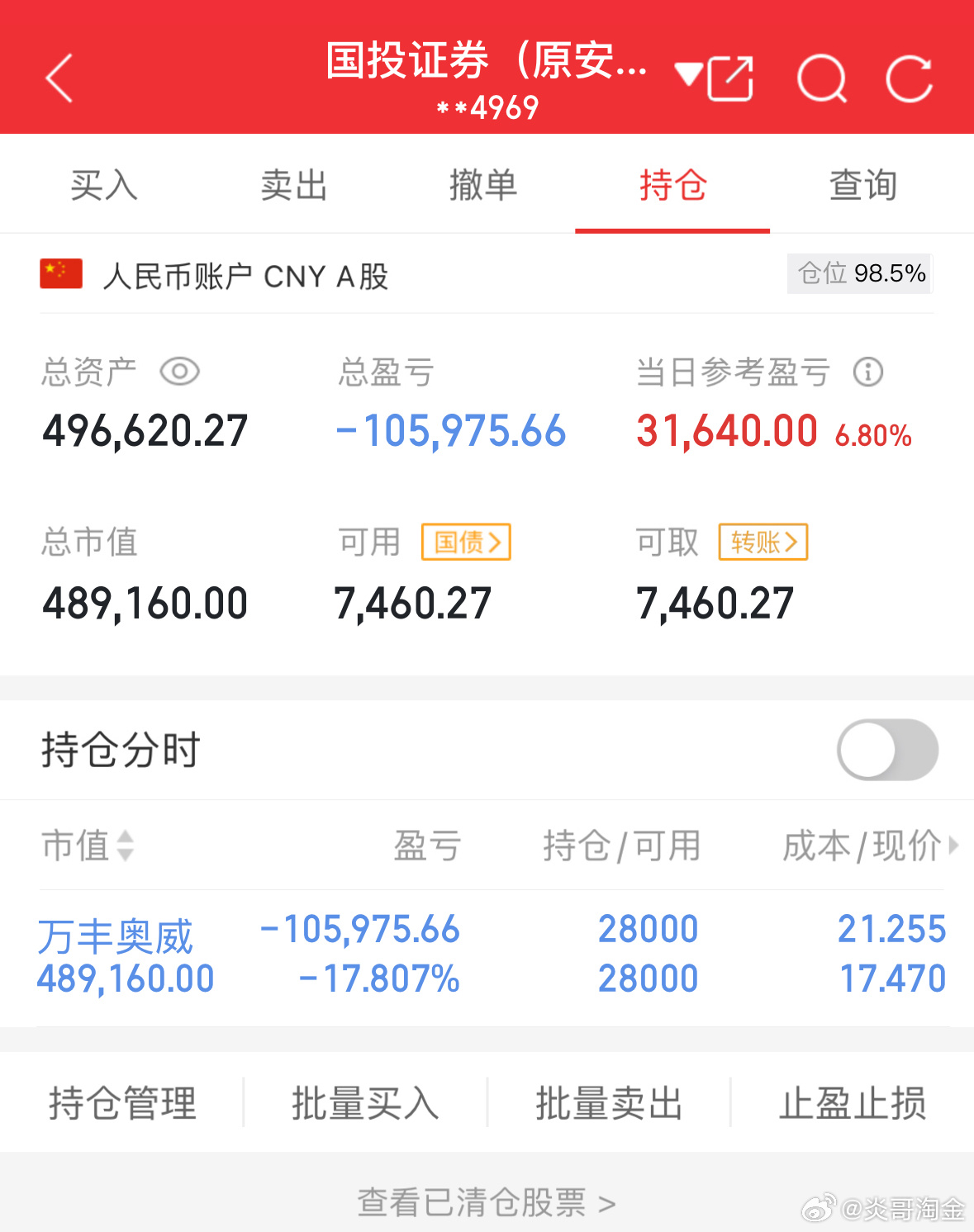 50万实盘挑战一年做到500万（第41天）总资产：496620当日参考盈亏：+3