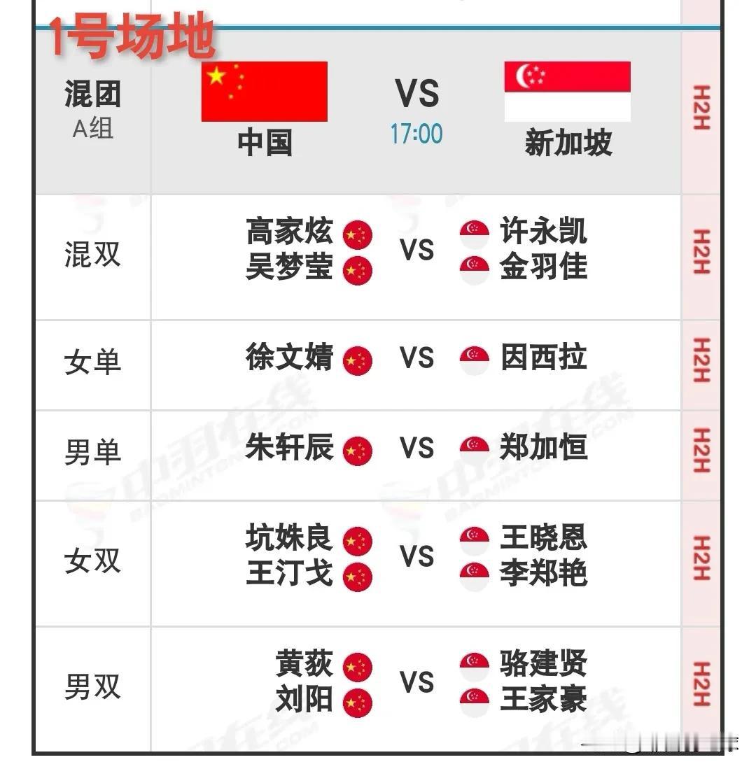 2月11日亚洲羽毛球混团锦标赛晚场对阵名单

今天下午17：00开始，一号场地中