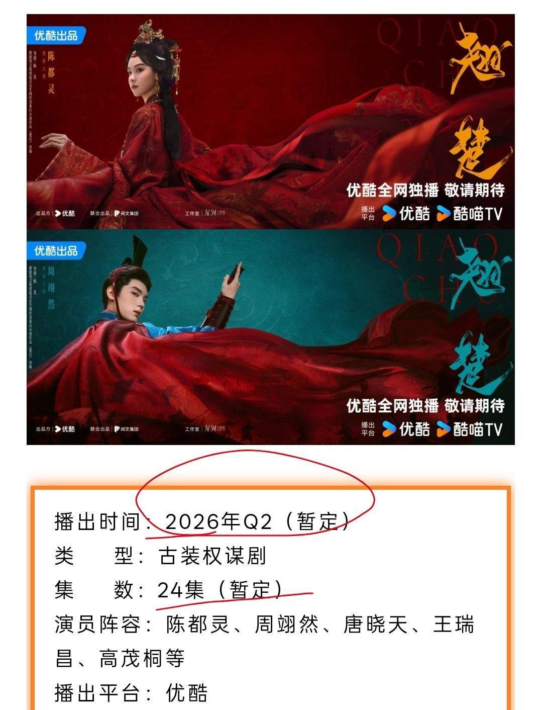 陈都灵、周翊然《翘楚》开启招商，播出时间暂定2026年Q2，24集。 