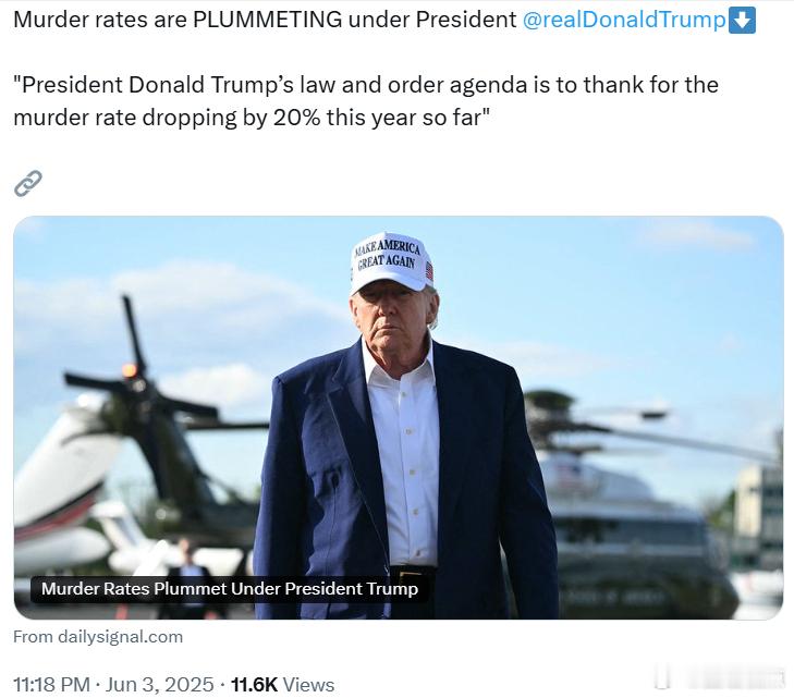 特朗普总统的法律与秩序议程使得今年迄今为止谋杀率下降了20%。截至五月初，巴尔的