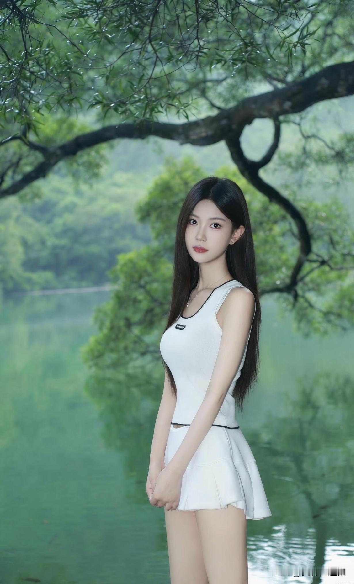 一位美女站在湖边，背景是绿树成荫。