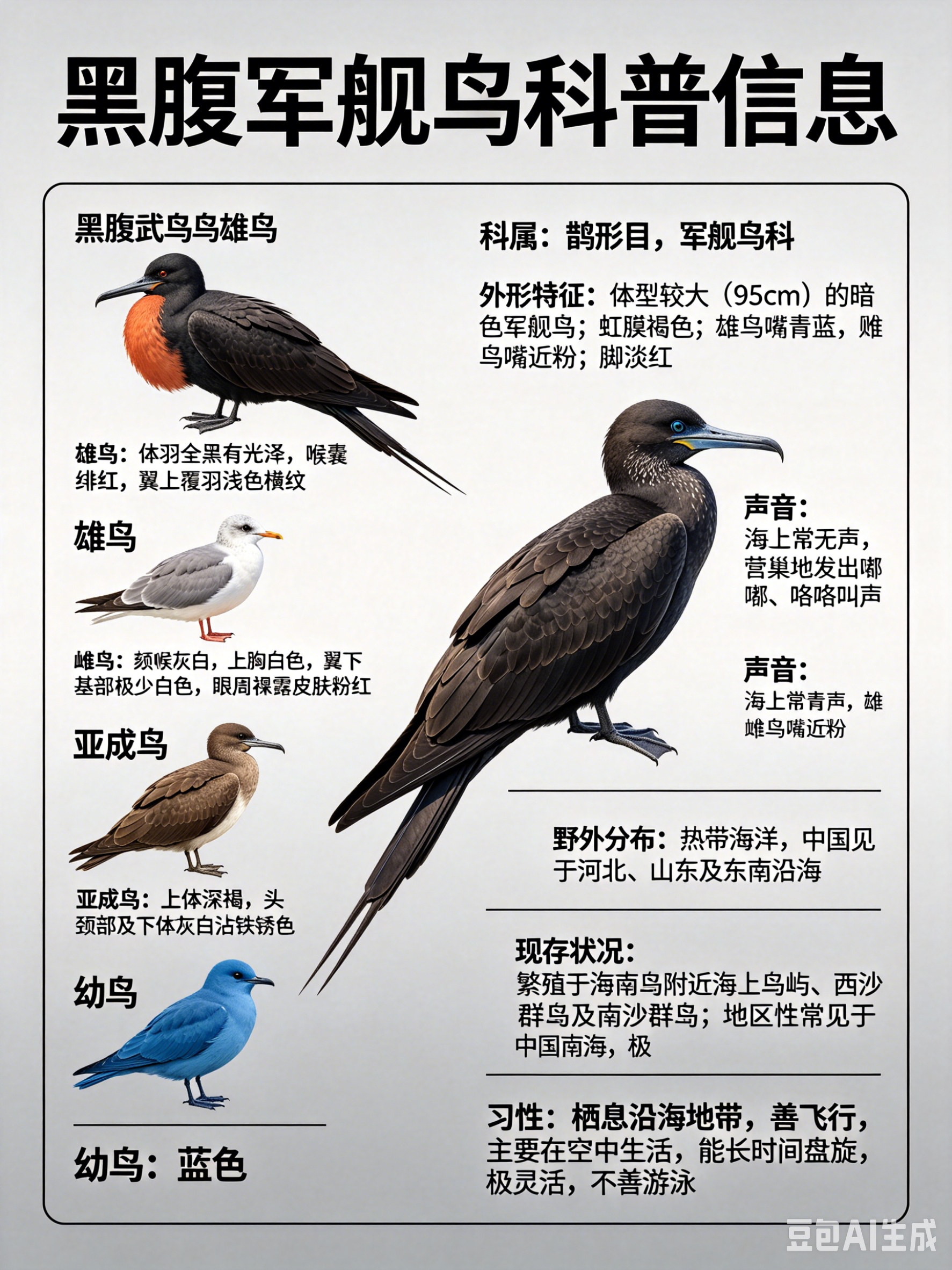 鸟类朋友图鉴 黑腹军舰鸟·科属：鹈形目，军舰鸟科。·外形特征：体型较大（95cm