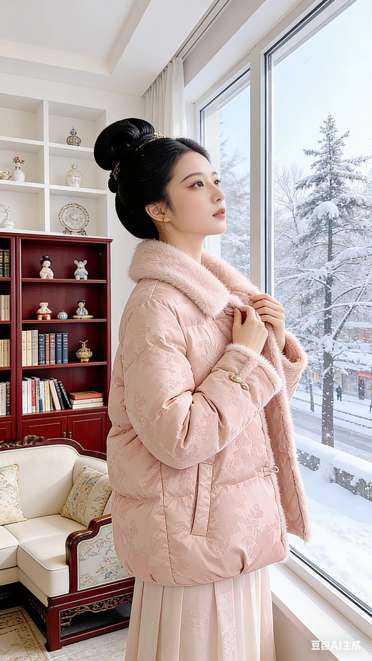 粉裳映雪，庭间温意
 
冬日的雪絮裹着窗外的枝桠，将冷冽的冬意隔在玻璃之外，而室