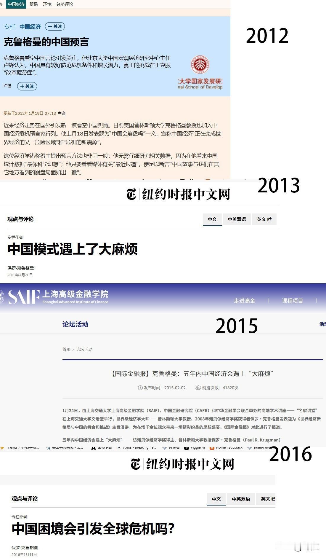 诺贝尔经济学奖获得者保罗克鲁格曼的文章：
2012：中国故事与我们在其他地方看到