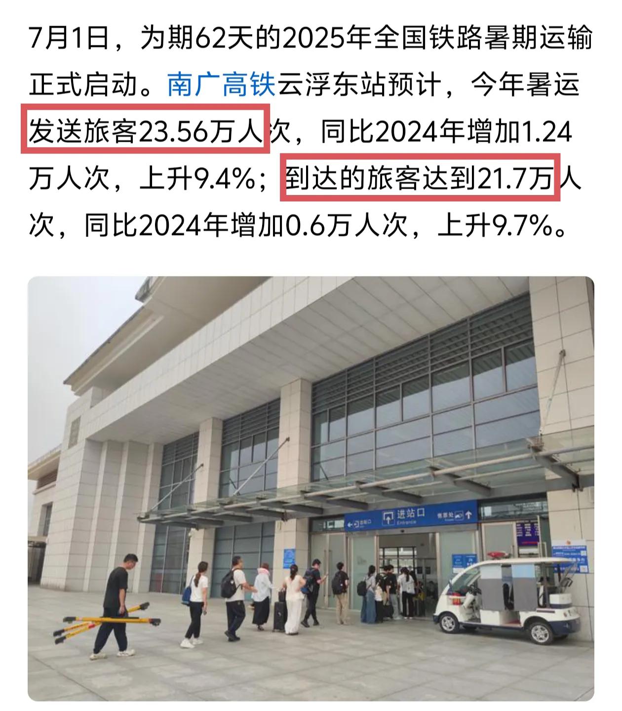 很多人经常说南广高铁云浮东站没有客流？现实却很打脸。这个暑运云浮东站预计发送23