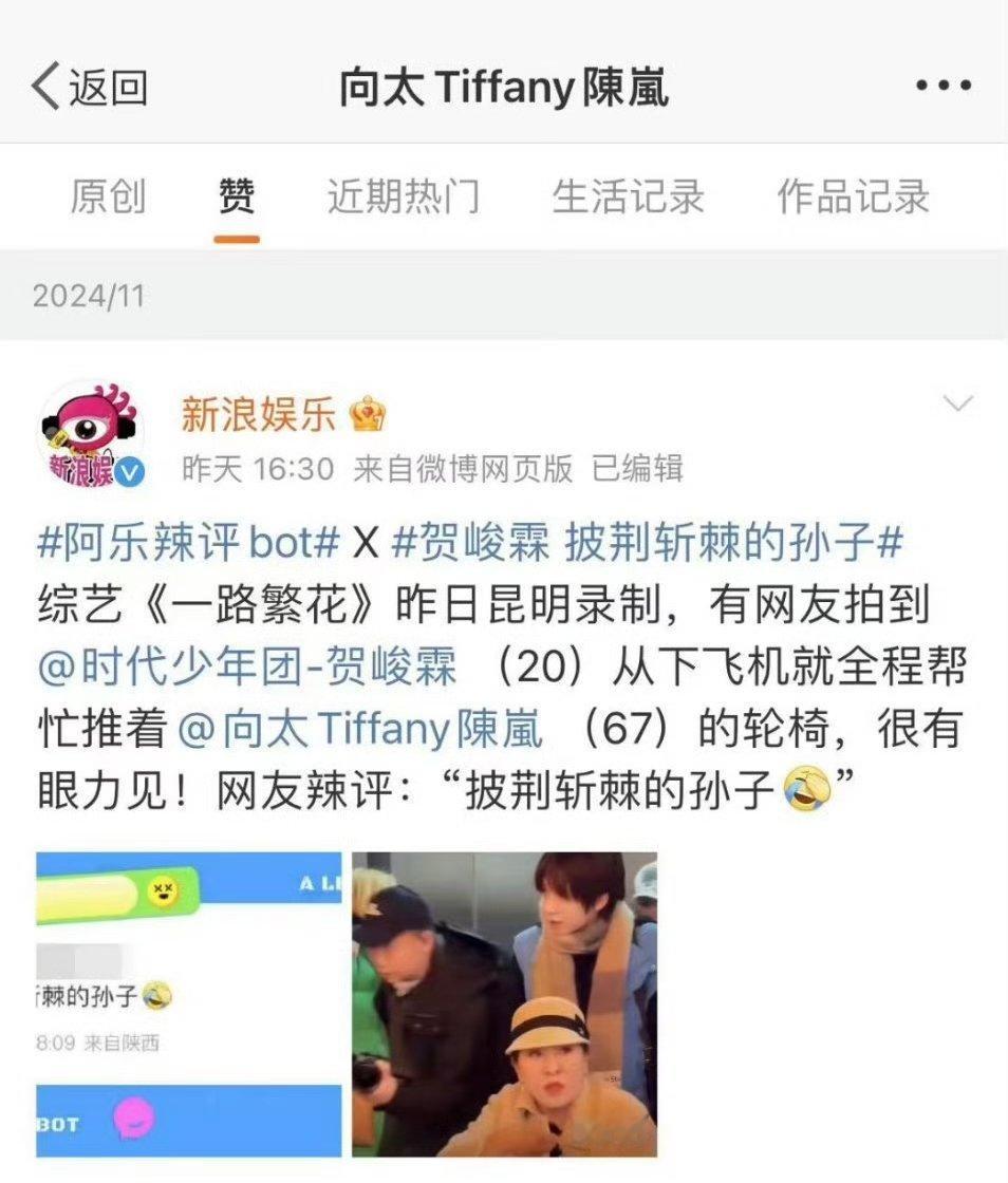 向太点赞披荆斩棘的孙子 当一路繁花在云南开启录制篇章，贺峻霖的绅士行为被向太看在